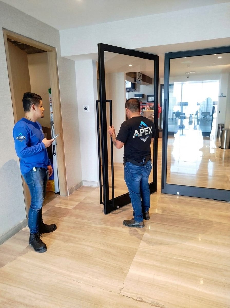 Equipo de Cancelería APEX con playeras de la empresa instalando puerta pivotante